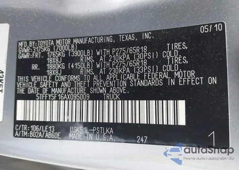 2010 Toyota Tundra Crewmax Limited из США, поврежденный, VIN 5TFFY5F16AX095009